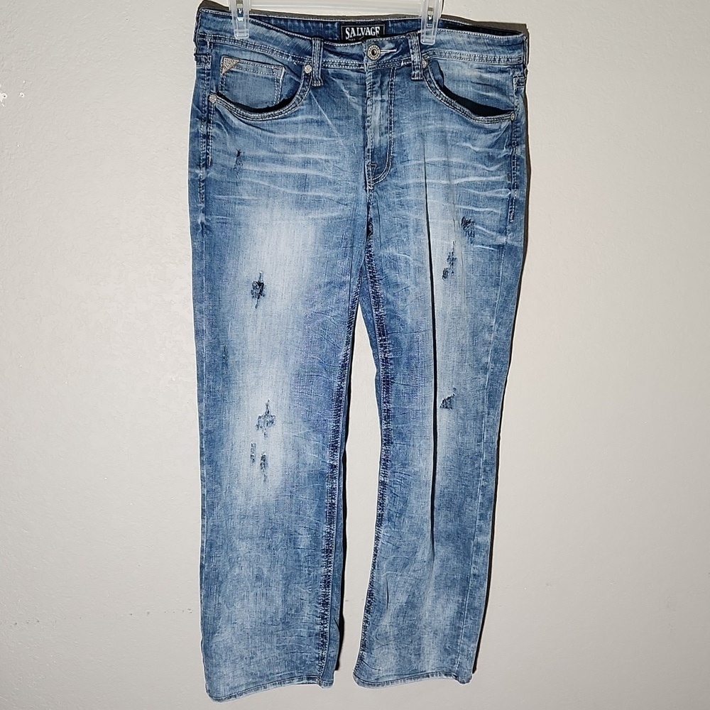 Salvage Anarchy Jeans Mens Buckle Relaxed Straight 34 Distressed distroyed